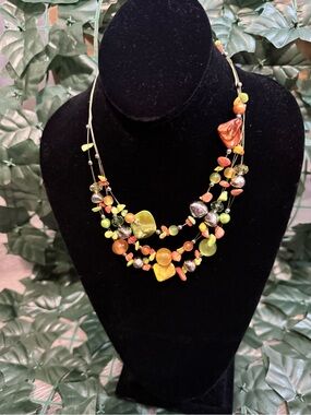 Multi-Strand Green & Orange Bead Necklace